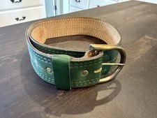 Vintage VERA NEUMANN Designer Belt Green Leather HEAVY METAL Buckle & Wide 27