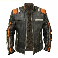 Men's Cafe Racer Retro 3 Biker Striped Distressed Black Real Leather Jacket picture