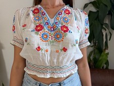 Vintage 40s Hungarian Folk Art Blouse Embroidered Floral Smocked Peasant Top S M picture