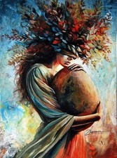 Original acrylic surreal woman & big egg figurative fine art Fantasy OOAK picture