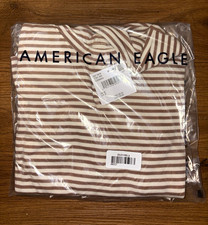 American Eagle Men's White Brown Striped Crew Neck T-Shirt Regular Size M picture