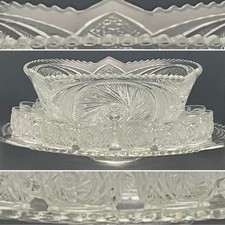 L.E. Smith 17pc Aztec aka Pinwheel & Stars Punch Bowl Set on Under Plate c1950s picture