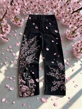 Y2K Vintage Baggy Fallen Knight Cherry Blossom Embroidery Straight Jeans picture
