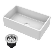 Nuie Farmhouse Kitchen Sink, Chrome Drain, Fire Clay Apron Front Sink 30x18x8.5