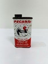 VINTAGE PECARD NEVER LEAK SHOE OIL duck sign metal tin 8oz 1/4 full picture
