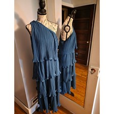 MEROKEETY Teal Blue One Shoulder Pleated Tiered Ruffle Maxi Dress Womens XL NWT picture