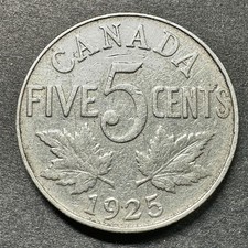 Canada 1925 Five 5 Cents Nickel King George V Key Date Canadian Coin World VG picture