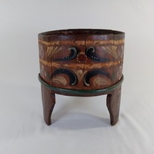 Antique Norwegian Folk Art Pedestal Bowl Bucket Rosemaling Wood 3-Leg Hand Paint picture