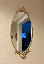 Vintage Gold Tone Oval Wall Mirror Vanity Tray Ornate Rose Bow Hollywood Regency picture