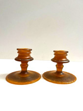 Antique Pair of Fenton Tangerine Stretch Glass Cadmium Candlesticks c.1927 Nice picture