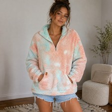 Roxy Women’s Sherpa Fleece 1/4 Zip Pullover Pink Blue Tie-Dye Pockets Sz M Cozy picture