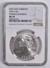 1993-P Jefferson Commem. Silver Dollar Coin & Currency MS70 NGC Brown Lbl picture
