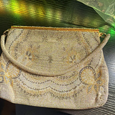 Elaine Shops 1950s Beaded Evening Clutch Purse Beige/Gold Cocktail picture