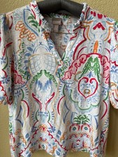Chico's Top Size 2 (US 12 L) Multicolor Abstract V-Neck Short Sleeve Blouse picture