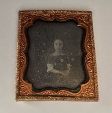 Antique 1850s Silver Plate Daguerreotype Photo Portrait Seated Woman Gilt Brass  picture