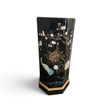 Vintage Chinese Black Lacquer Jewelry Armoire Chest Hand Painted Birds Flowers picture