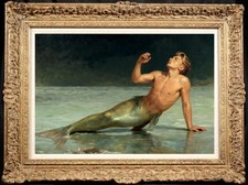 Hand painted Original Oil Painting art old male nude mermaid on Canvas 24