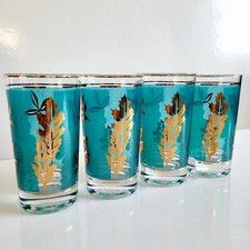 Vintage Libbey Hollywood Regency Tumblers: 22k Gold Leaf, Blue Frosted Glass Set picture