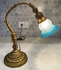 Antique late 1800s/1900s Swivel Bridge Piano Lamp Blue Ruffled Art Glass Working picture