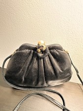 Vitage 80s Finesse La Model Charcoal Snakes Skin Crystal Gold Clutch Evening picture