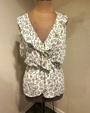 Max Studio Women’s L Ivory/Black Floral Chiffon Ruffle V-Neck Tie Blouse picture