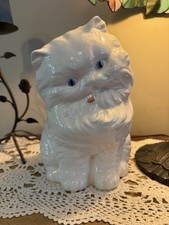 Vtg MCM Ceramic White Persian Cat Statue Figurine Blue Eyes picture