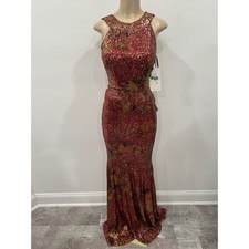 Theia Gown Sequin Halter Gown Multi Red Gold SZ 4 Formal Evening Dress Gala Bow picture