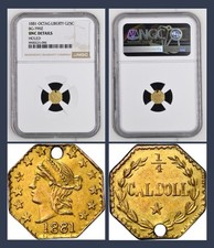 RARE HR7 - 1881 G25C California Fractional Gold, BG-799Z NGC UNC, 1/4 CAL DOLL picture