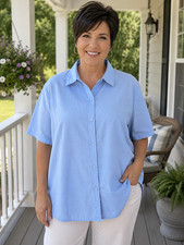 Woman Within blouse top Size L 18 20 short sleeve button up blue picture