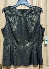 Alfani Sleeveless Peplum Blouse Top Women's Size L Black & Gold Metallic Print picture
