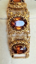 1950’s Heavily Cast Gold P Link Bracelet Filigree Amber Glass Pronged Setting 8” picture