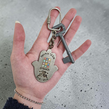 Vintage Judaica Hamsa Keychain Hoshen Gemini Traveler Prayer Kabbalah Amulet picture