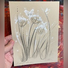 ORIGINAL Butterfly Painting Art Charcoal pastel illustration Floral Artwork picture
