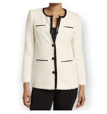 Rebecca Taylor Boucle Tweed Blazer Womens 2 White Faux Leather Trim Quiet Luxury picture