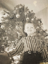 1960s Young Boy Christmas Tree w/ Ornaments Striped Shirt Original Photo P13m20 picture