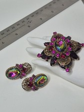 JULIANA Verified Brooch Earrings Set Watermelon Rivoli Fuscia Navette & Round picture