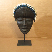 Antique Vtg Carved Wood African Dan Tribal Mask Cowrie Shell Ivory Coast w/Stand picture