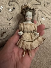 Rare 4.5” Antique Frozen Charlotte Doll with Mohair Wig & Original Clothing picture