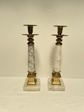 Vintage 20th Century Brass and Marble Candle Stick Holder Pair picture