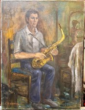 Vintage Original Oil Painting Sax Player Jazz Musician Portrait 18x24 Signed picture