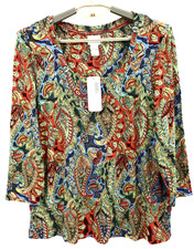 NWT CHICO'S Women's Stretch Rayon Tee Top 3/4  Sleeve Paisley Size 2 M L $68 picture