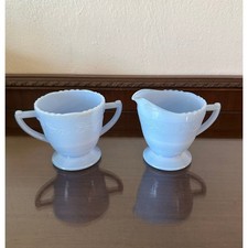 Vtg McKee Poudre Delphite Blue Milk Glass Laurel Creamer & Sugar Bowl Set picture