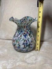 Hand-Blown Art Glass Vase with Ruffled Rim Confetti Speckled Design picture