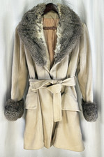 Vintage Jill Jr Fur Trim Wool Coat 1970s Belted Beige Winter Small picture