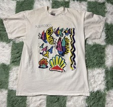 Vintage Vtg 90s Single Stitch Made In USA Colorful Fish T Shirt Size Large White picture
