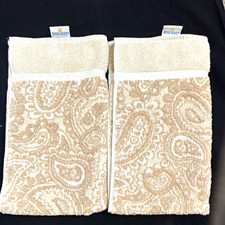 VTG Royal Velvet Cotton Textured Hand Towels 2pc Beige/White Paisley 16x28