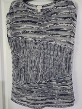 Chico's Blue White Silver Metallic Crochet Pullover Knit Top Size 2 (L) picture