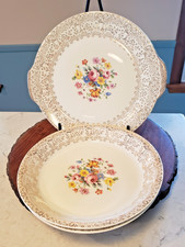 Vtg Royal China Royal Charm 22K Two Gold Serving Dishes & Cake Plate Lot 1940 picture
