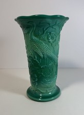 Vintage Rare Fenton Mongolian Green Peacock Garden 7-3/4” Tall Vase picture