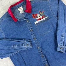 Vtg NutCracker Women's Denim Button-Up Shirt Sz M Blue Santa Embroidered Pocket picture